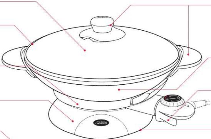 Technical line drawing of a cooking pot with labeled components and red annotations