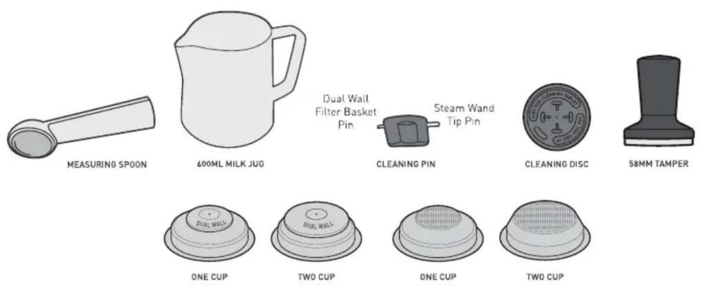 MEASURING SP00N 600ML MILK JUG Dual Wall Filter Basket Pin CLEANING PIN Steam Wand Tip Pin CLEANING DISC 58MM TAMPER ONE CUP TWO CUP ONE CUP TWO CUP
