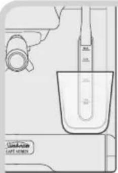 Technical diagram showing a laboratory setup with a beaker, measuring cup, and a tool holder, labeled 'Sanford' and 'Left arm'.