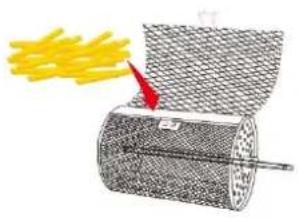 Diagram showing a cylindrical container with a red arrow pointing to yellow particles emerging from it, alongside a mesh structure (no text or symbols)