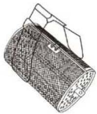 Line drawing of a cylindrical object with mesh texture and a handle, resembling a container or device (no text or symbols)