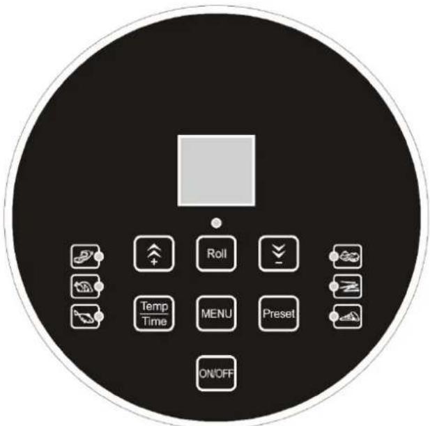 Control panel interface with labeled buttons including Roll, Temp/Time, MENU, Preset, and ON/OFF