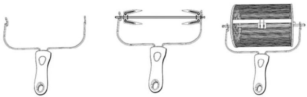 Three line drawings of different types of tools or devices, including a tool with curved arms, a mechanical lever, and a cylindrical device (no text or symbols present)