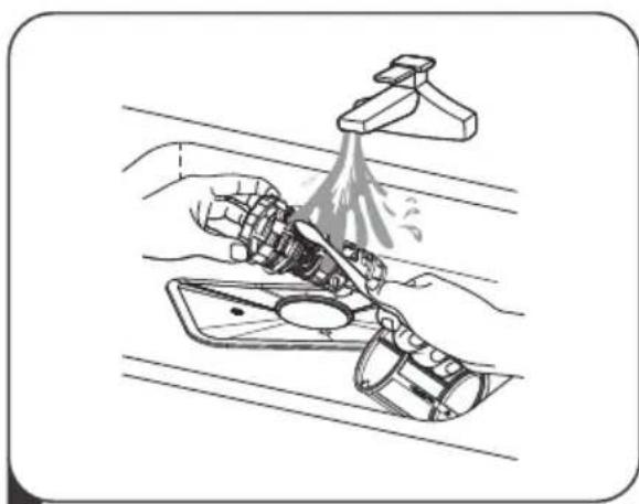 Illustration of a hand washing a car with a faucet, showing liquid spray and cleaning process (no text or symbols)