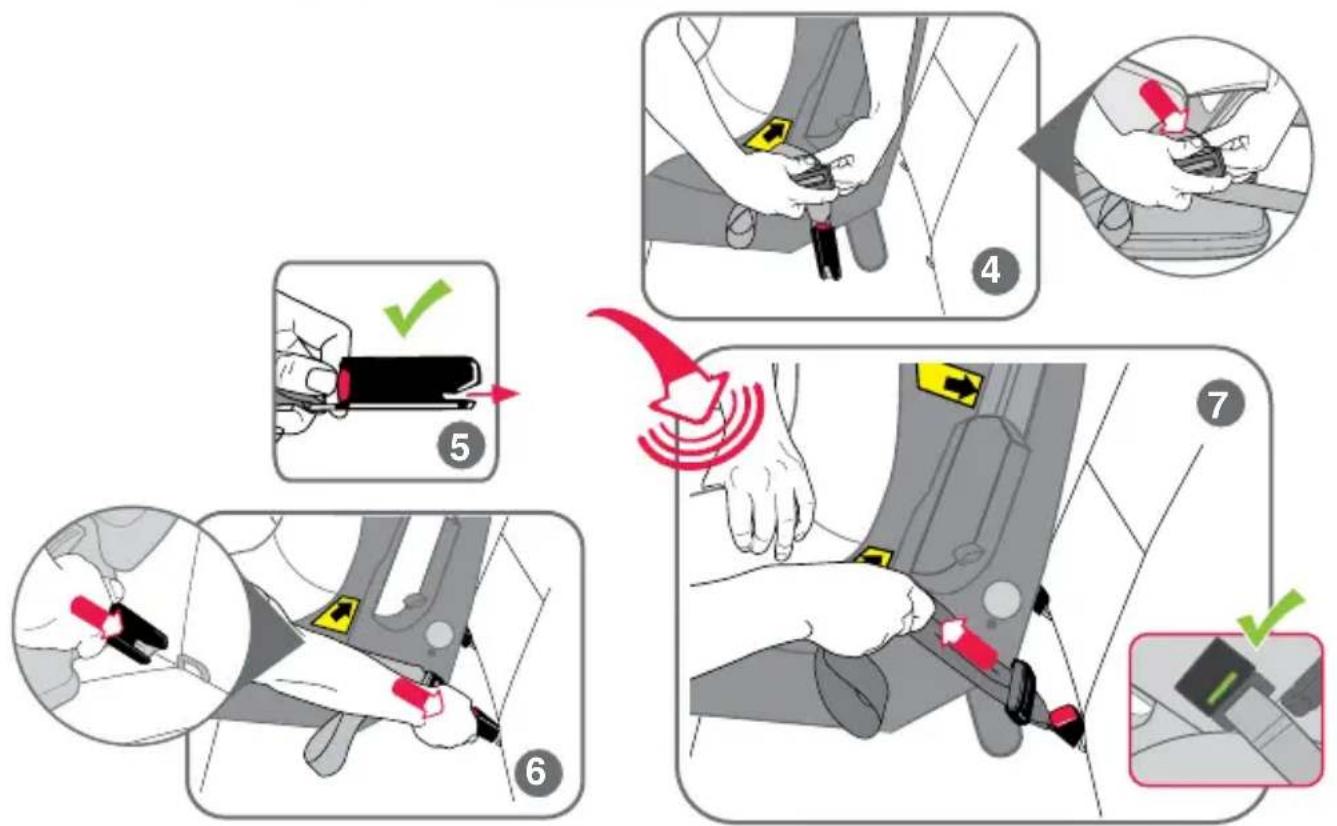 Diagram illustrating car seatbelting instructions with numbered steps and safety symbols