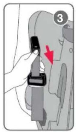 Diagram showing a hand adjusting a seatbelt with a red arrow indicating the change, labeled with number 3.