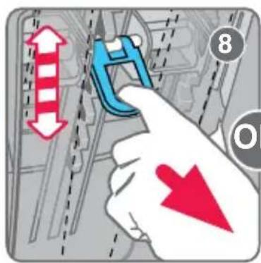 Diagram showing a hand holding a blue clip with red directional arrows and a numbered circle, likely illustrating a mechanical or electrical process.