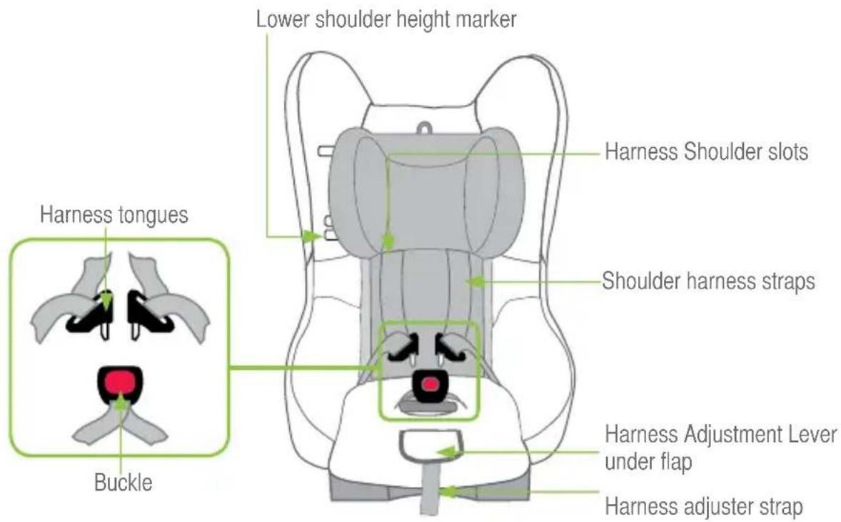 Lower shoulder height marker Harness shoulder slots Harness tongues Shoulder harness straps Buckle Harness Adjustment Lever under flap Harness adjuster strap