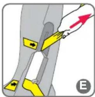 Diagram showing a hand using a tool to cut a yellow object with directional arrows, labeled 'E' in the corner.
