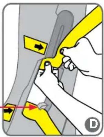 Diagram showing a hand using yellow safety belt to adjust a car's seatbelt, with directional arrows indicating movement.