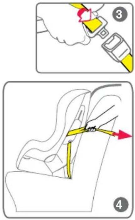 Diagram illustrating car seatbelting technique with labeled steps 3 and 4 showing how to adjust the seatbelt.