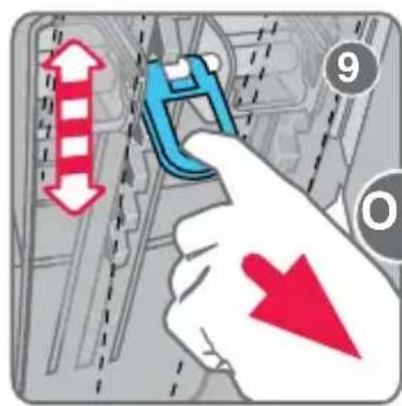 Diagram showing a hand holding a blue tool with red directional arrows and a numbered circle, likely illustrating a process or control mechanism.