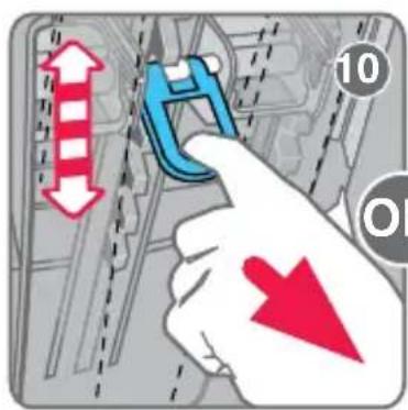 Diagram showing a hand using a tool to adjust or install a vehicle, with red arrows indicating downward motion and numbered callouts.