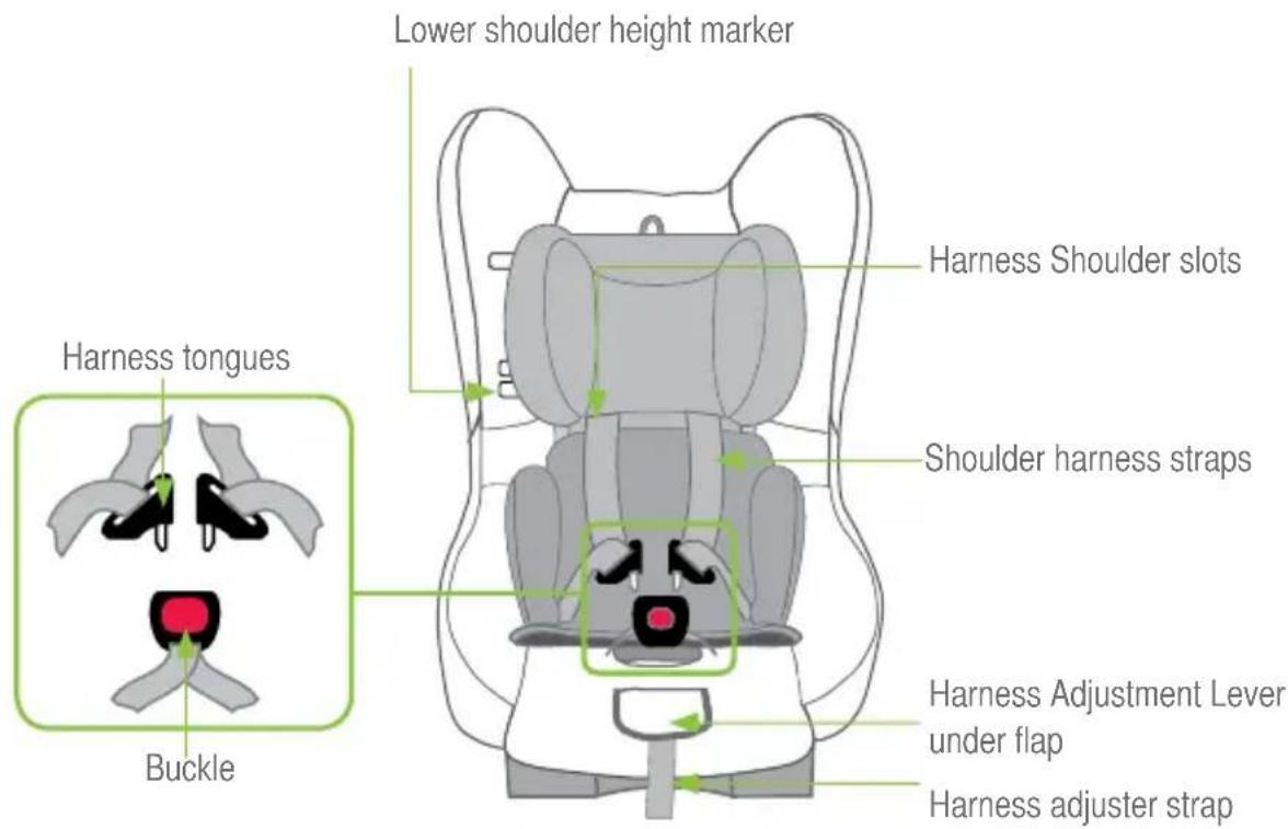 Lower shoulder height marker Harness shoulder slots Harness tongues Shoulder harness straps Buckle Harness Adjustment Lever under flap Harness adjuster strap
