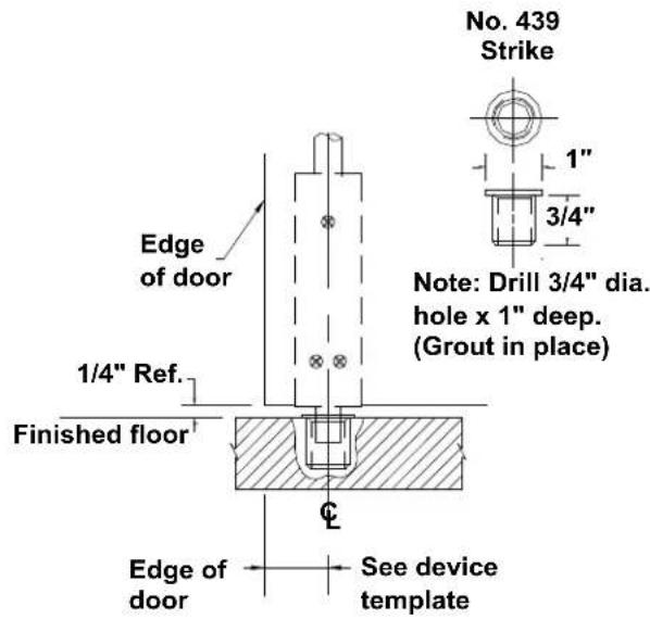 No. 439 Strike 1" 3/4" Note: Drill 3/4" dia. hole x 1" deep. (Grout in place) Edge of door 1/4" Ref. Finished floor Edge of door See device template