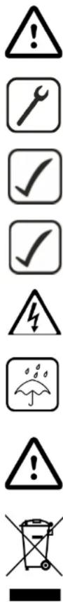 Warning symbols and icons including warning signs, wrench, checkmark, lightning bolt, rain umbrella, and trash bin