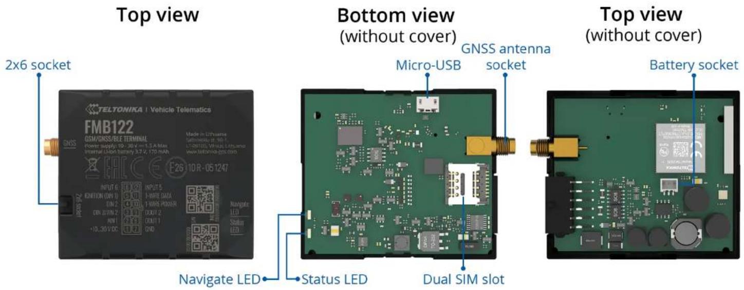 Top view 2x6 socket Bottom view (without cover) Micro-USB GNSS antenna socket Battery socket TETTONIKA | Vehicle Telematics FMB122 GSM/GNSS/ILE TERMINAL Power supply: 10 - 30 V ~ 1.5 A Max Internal Linux battery: 3.7 V, 170 mAh www.mdbtu-ppa.com INPUT 6 ONION (ON) 1 DIN 2 DIN 3/DIN 2 DIN 1 +10.38 VDC Navigate LED Status LED Navigate LED Status LED Dual SIM slot