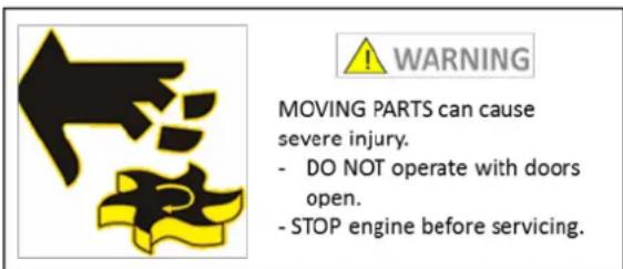 WARNING MOVING PARTS can cause severe injury. - DO NOT operate with doors open. - STOP engine before servicing.