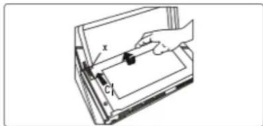 Diagram showing a hand holding a pen labeled 'x' and a ruler labeled 'c1' inserted into a rectangular device, likely illustrating a measurement or printing process.