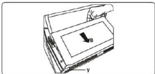 Technical diagram of a printer or scanner with labeled parts and directional arrow indicating orientation