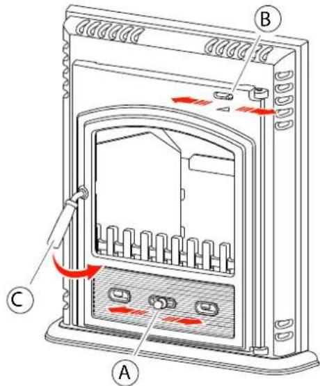 Technical diagram of a server rack with labeled components A, B, and C, showing internal structure and red directional arrows indicating movement.