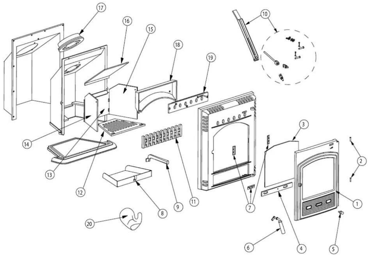 Exploded view diagram of a refrigerator with numbered parts for identification and assembly reference.