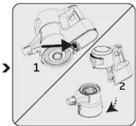 Technical diagram showing three mechanical components labeled 1, 2, and a directional arrow indicating movement or assembly.