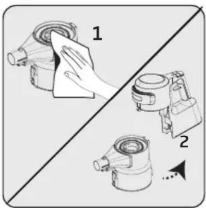 Diagram showing three steps of cleaning a mechanical component, labeled 1, 2, and 3 with directional arrows.