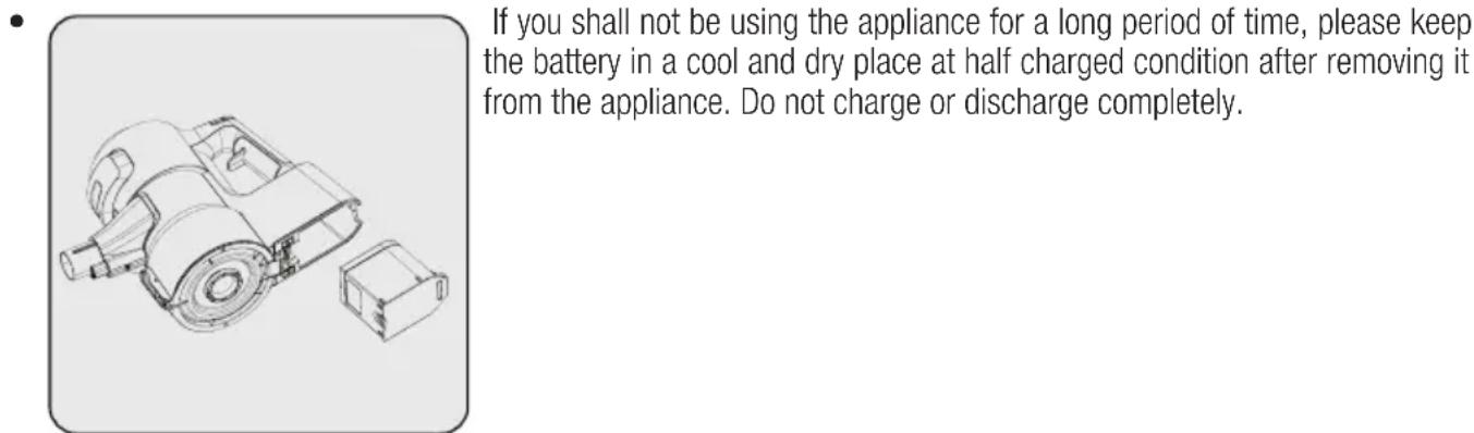 If you shall not be using the appliance for a long period of time, please keep the battery in a cool and dry place at half charged condition after removing it from the appliance. Do not charge or discharge completely.