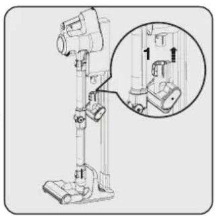 Technical diagram of a vacuum cleaner with labeled component 1, showing assembly and mounting details