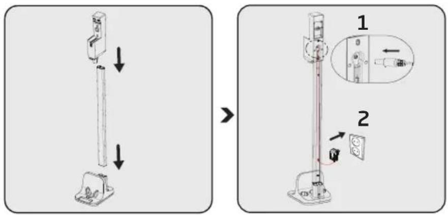 Diagram showing two-step installation of a vertical electrical device, with labeled parts and directional arrows indicating assembly steps.