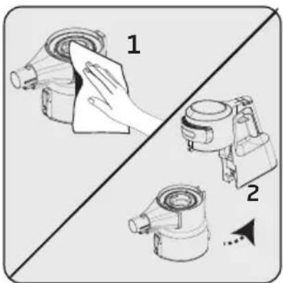 Diagram showing three steps of cleaning a mechanical component, labeled 1, 2, and 3 with directional arrows.