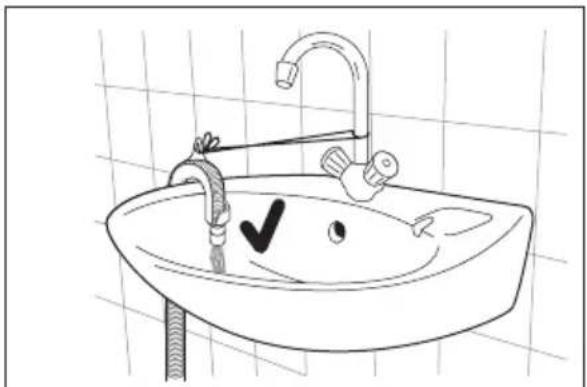 Line drawing of a bathroom sink with faucet and pipe, no text or symbols present