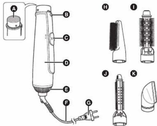 Labeled diagram of a hair dryer with parts numbered A through K for identification.