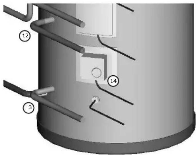 Technical diagram of a cylindrical mechanical component with numbered parts labeled 12, 13, and 14