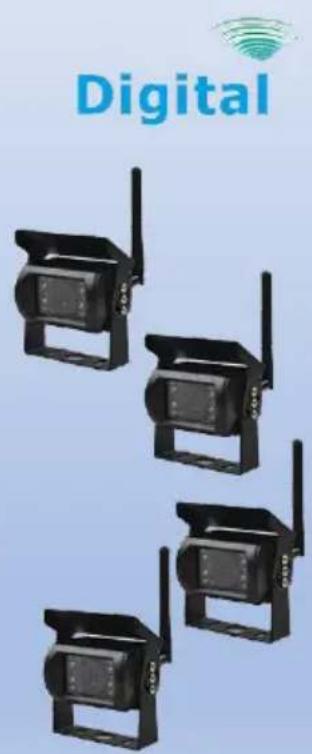 Four black-and-white wireless camera modules with visible antennas, displayed against a light blue background (no text or symbols on devices)