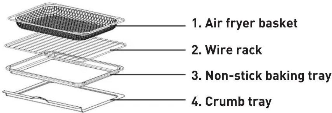 1. Air fryer basket 2. Wire rack 3. Non-stick baking tray 4. Crumb tray