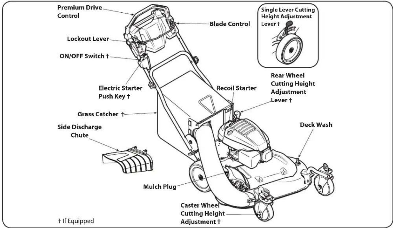 Premium Drive Control Lockout Lever ON/OFF Switch † Electric Starter Push Key † Grass Catcher † Side Discharge Chute Blade Control Recoil Starter Single Lever Cutting Height Adjustment Lever † Rear Wheel Cutting Height Adjustment Lever † Deck Wash Mulch Plug Caster Wheel Cutting Height Adjustment † † If Equipped
