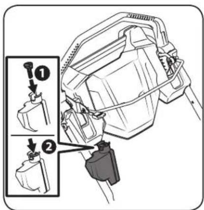 Diagram showing two steps of a mechanical assembly with labeled parts and directional arrows indicating movement or assembly.