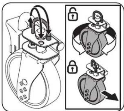 Diagram illustrating a mechanical device with lock mechanism and three separate views showing different configurations.