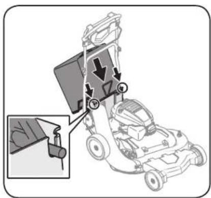 Diagram showing a lawn mower with labeled components and directional arrows, including a magnified inset view.
