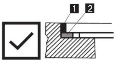 Technical diagram showing a checkmark and a cross-section with labeled components 1 and 2