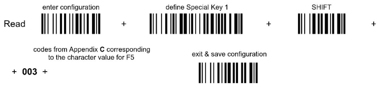 Enter configuration + define Special Key 1 + SHIFT codes from Appendix C corresponding to the character value for F5 exit & save configuration + 003 +
