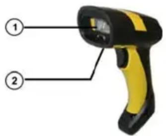Diagram of a yellow and black barcode scanner with labeled parts 1 and 2