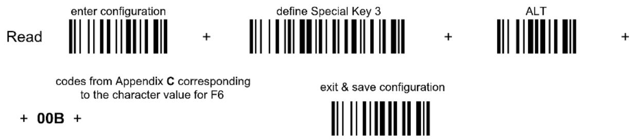 Enter configuration + define Special Key 3 + ALT Codes from Appendix C corresponding to the character value for F6 exit & save configuration + 00B +
