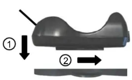 Diagram showing a mechanical component with two directional arrows labeled ① and ② indicating movement or transformation.