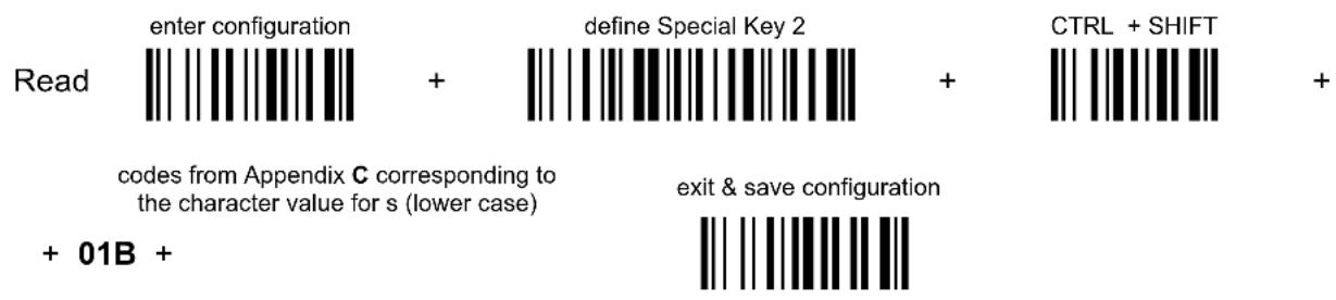 Enter configuration define Special Key 2 CTRL + SHIFT Read + + + codes from Appendix C corresponding to the character value for s (lower case) exit & save configuration + 01B +