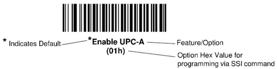 * Indicates Default *Enable UPC-A (01h) Feature/Option Option Hex Value for programming via SSI command