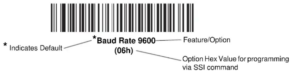 * Indicates Default *Baud Rate 9600 (06h) Feature/Option Option Hex Value for programming via SSI command