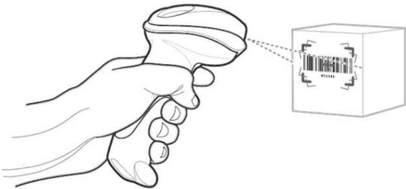 Diagram showing a hand using a barcode scanner to scan a barcode within a cube, with a barcode symbol and measurement markings.